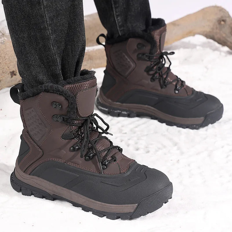 Men's black high-top boots with fleece lining and lace-up front, shown from the side.