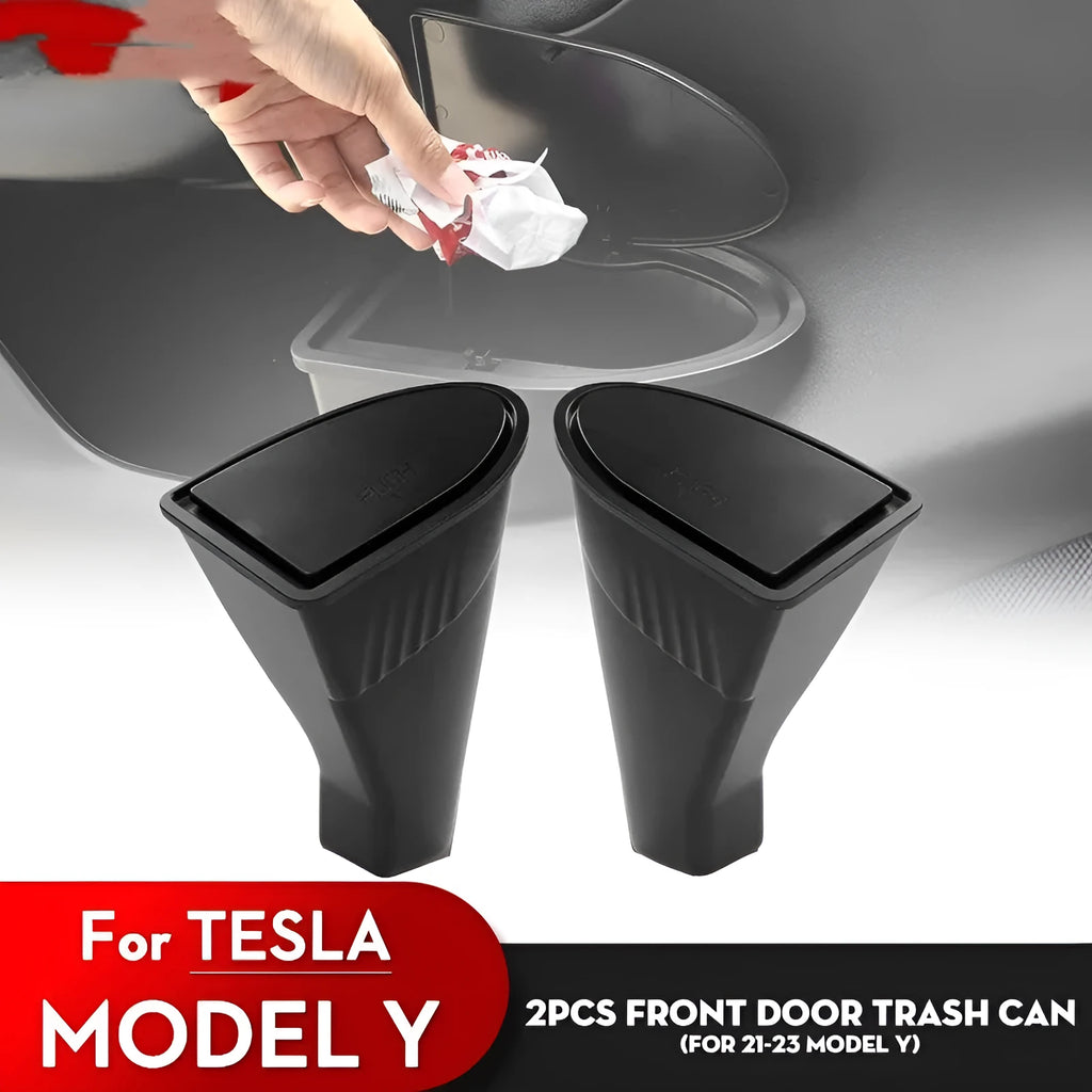 Black ABS plastic car door trash can designed for Tesla Model Y front door pockets.