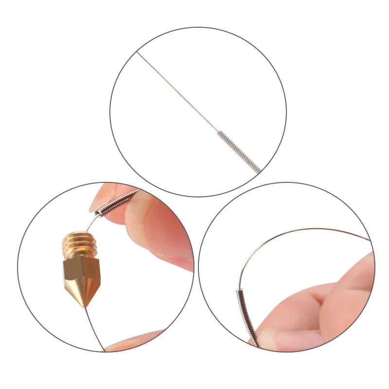 Pack of ten thin metal cleaning needles for unclogging Mk8 E3D 3D printer nozzles.