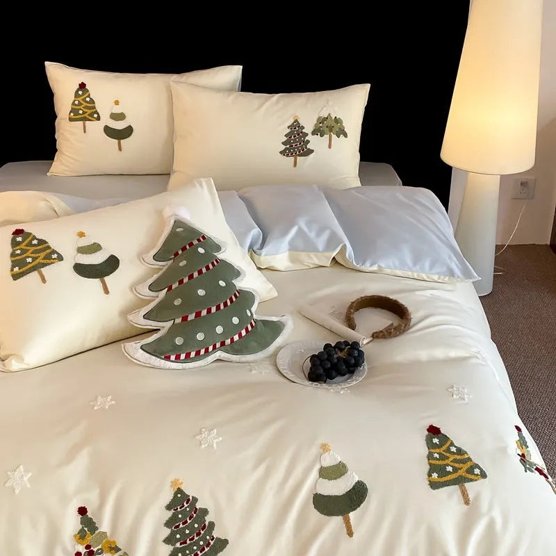 Pure cotton bedding set with embroidered Christmas tree and flowers on duvet cover and pillowcases.