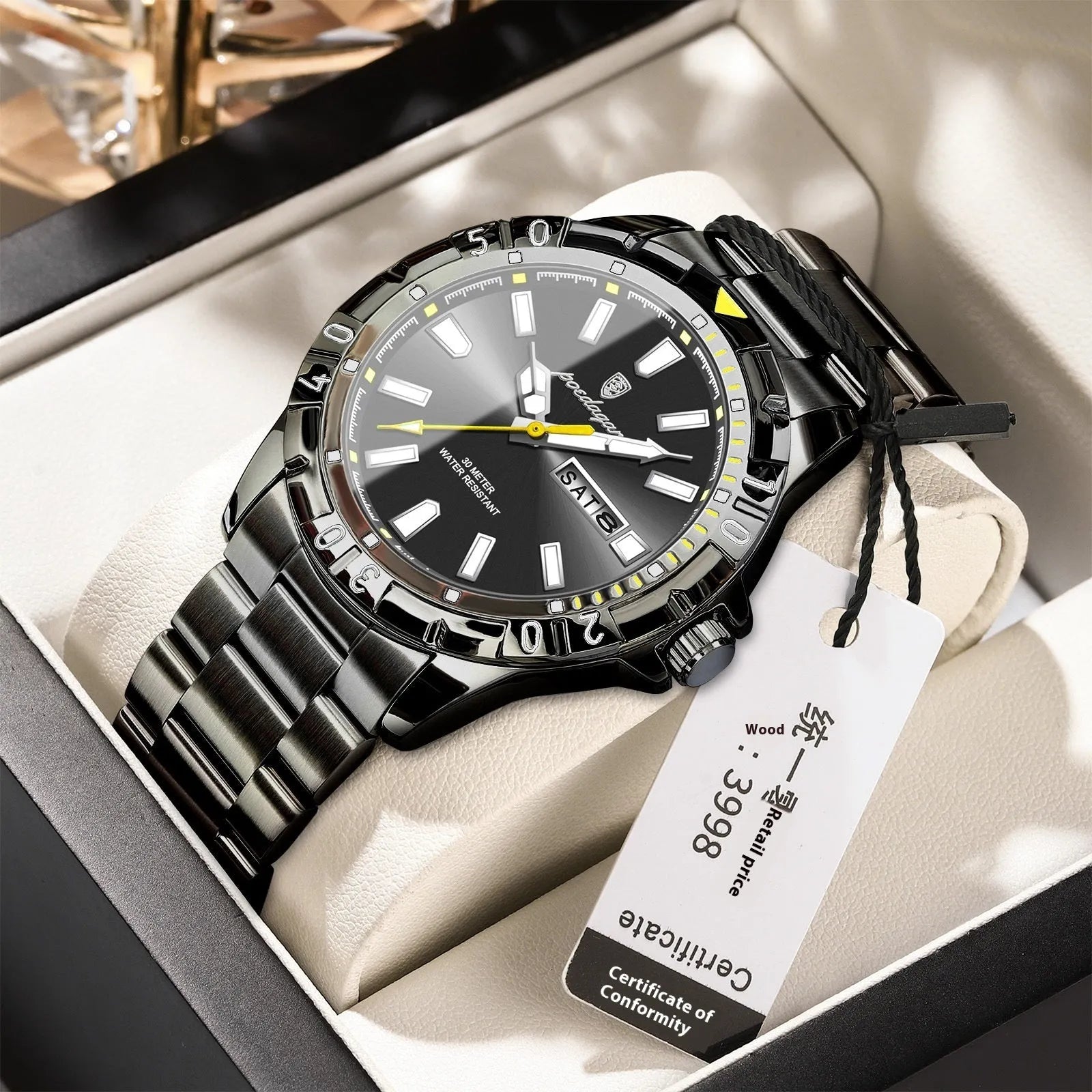 Swiss brand waterproof men's luminous watch with 6mm slim case, steel belt, silver tone dial, and luminous hands