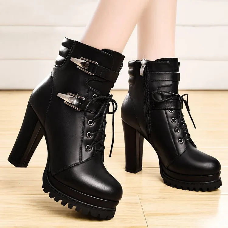 Women's black artificial PU high heel shoes with round toe and thick super high heel above 8cm
