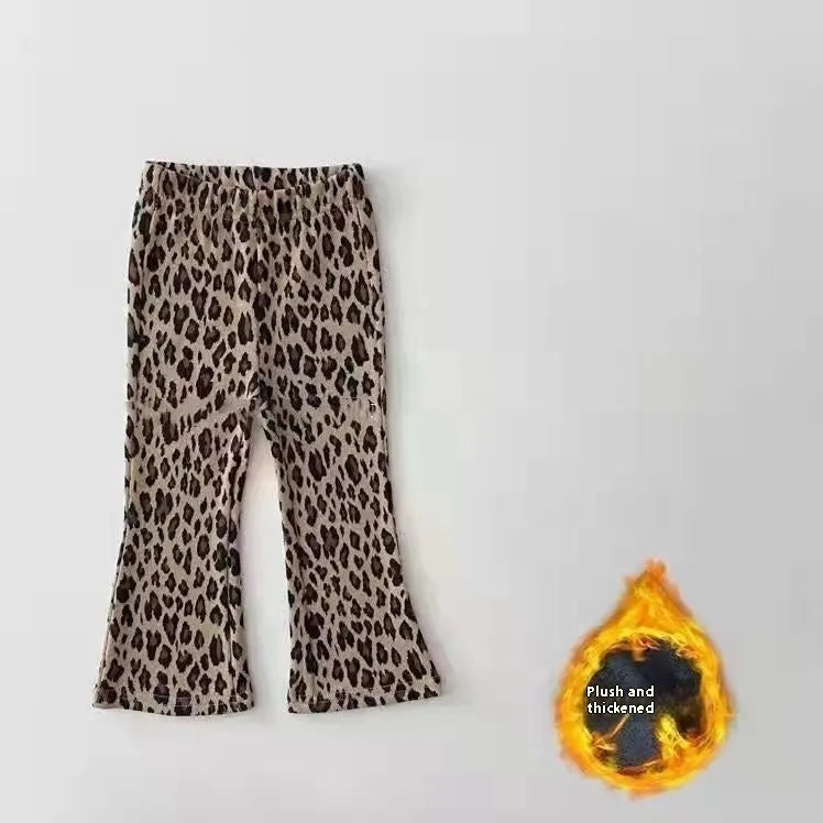 Girls fleece-lined bell-bottom pants in plaid pattern, polyester fabric, mid-waist, suitable for 80-150cm height