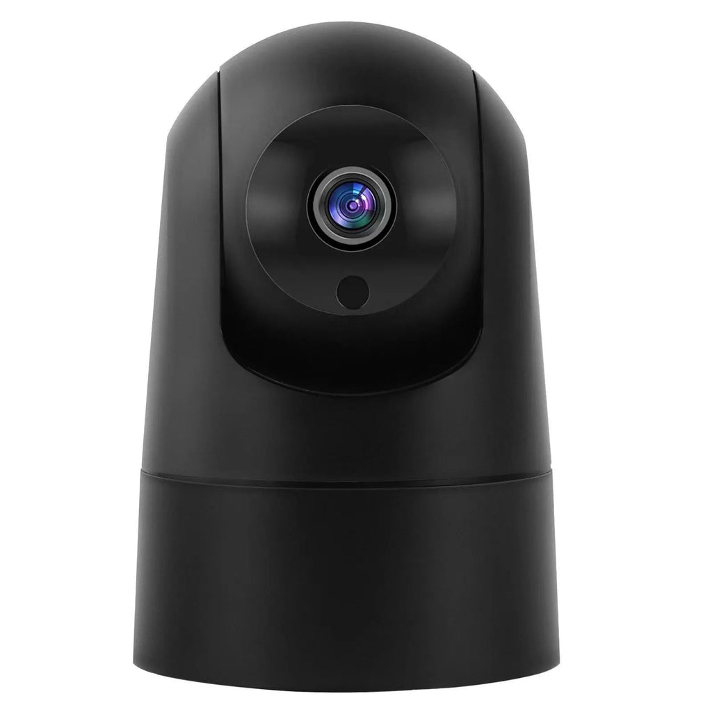 White indoor security camera with shake head function on a desk, showing UK plug.