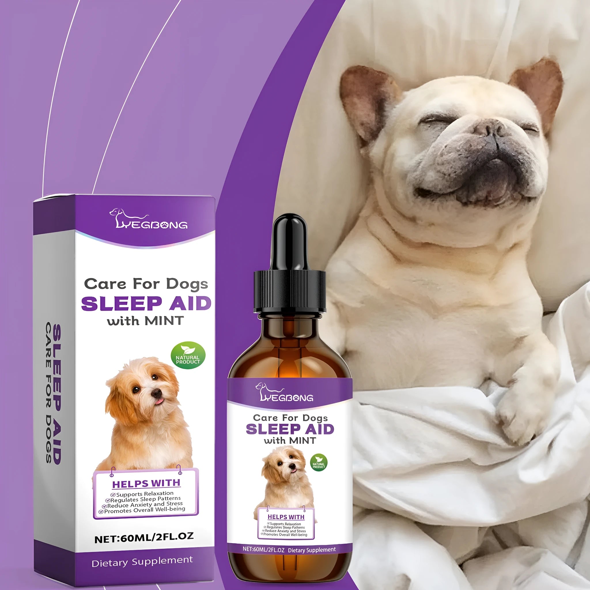 60ml bottle of dog sleep drops with mint extract for canine sleep support