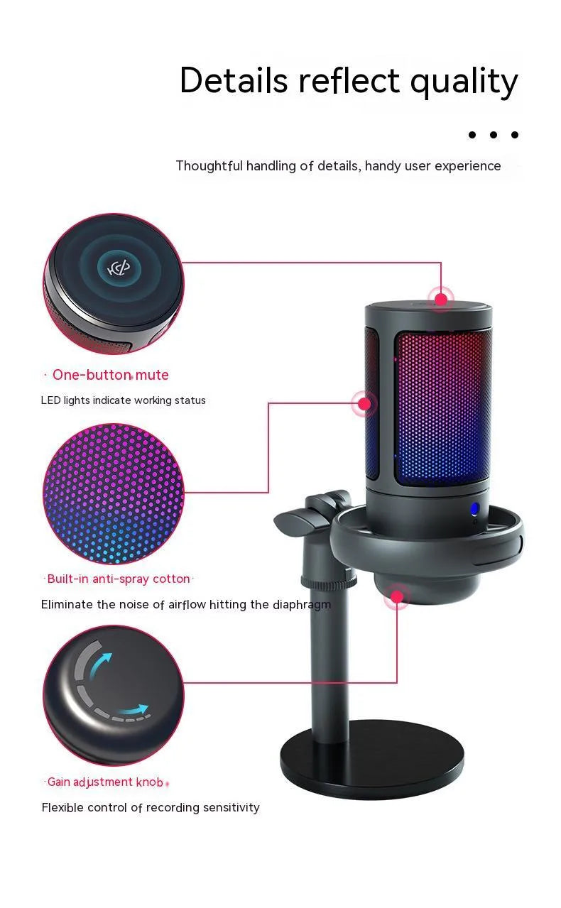 Condenser microphone with RGB lighting in black, white or pink colours for streaming