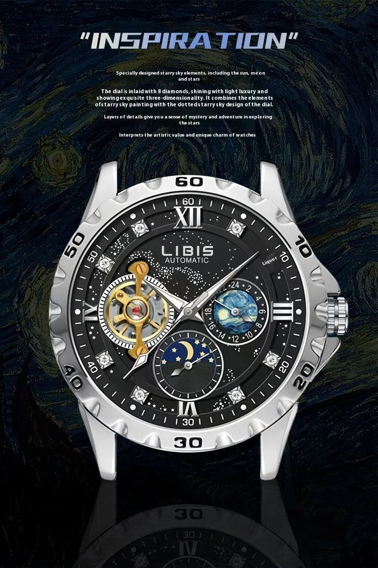 Men's silver case automatic watch with black starry luminous dial and steel belt