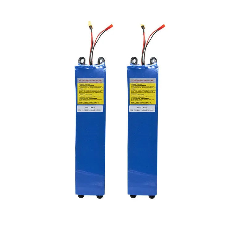36V lithium battery pack for electric scooter replacement, showing options for 6.6A, 7.8A, and 10.4A capacities.