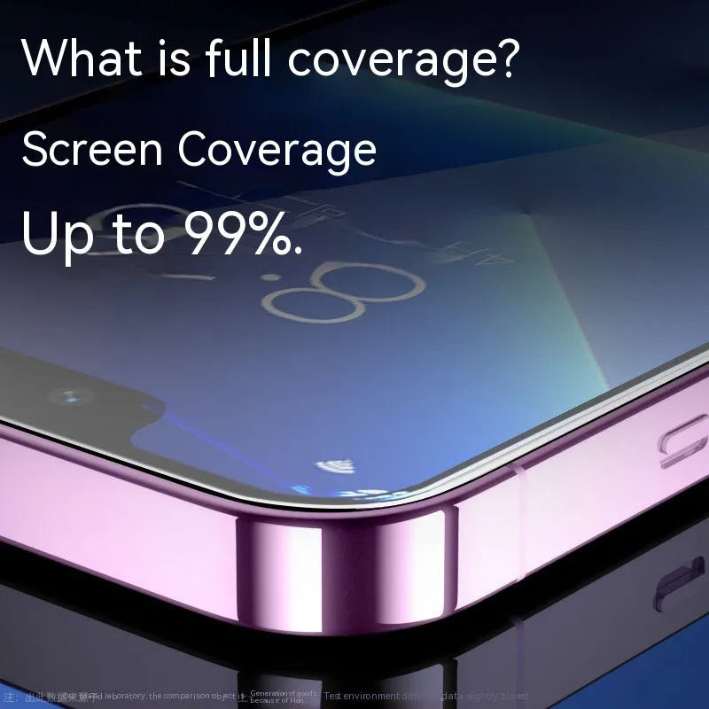iPhone tempered glass screen protector with dust-free application kit on a table.
