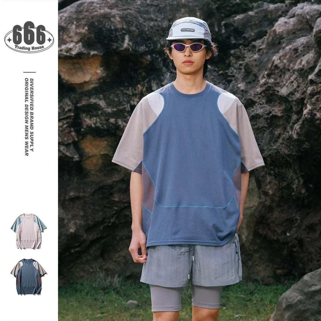 Men's loose patchwork contrast sports t-shirt in cotton blend with raglan short sleeves