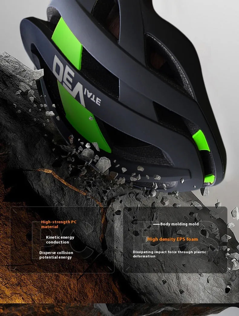 Adult mountain bike helmet in matte black with coloured accents, showing adjustable fit and breathable vents.
