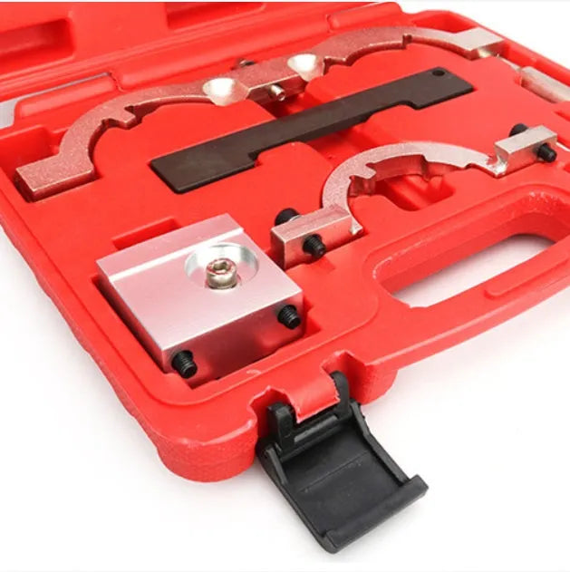Red chrome-vanadium steel Opel 1.4 LUJ engine timing tool set with seven pieces.