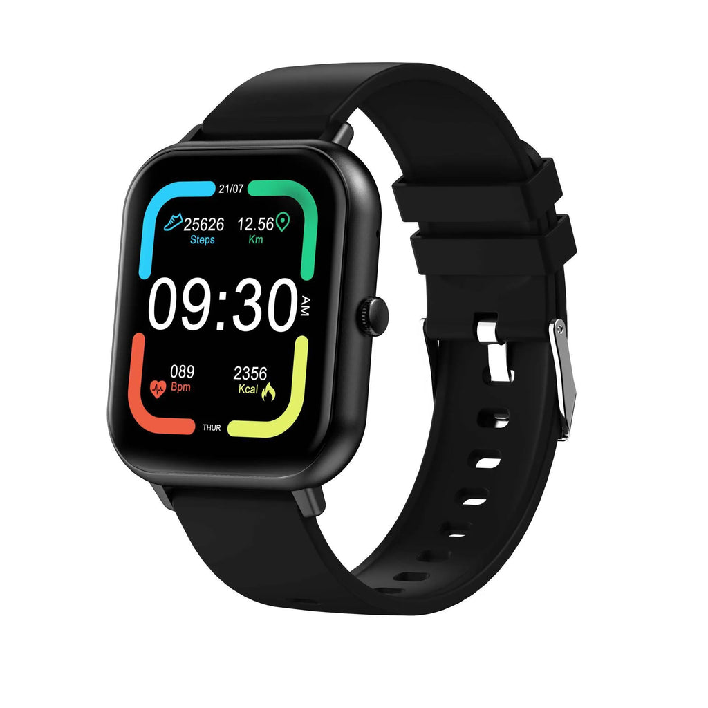 Bluetooth smart watch with heart rate monitor on wrist, shown in black, silver, pink, and khaki colour options.