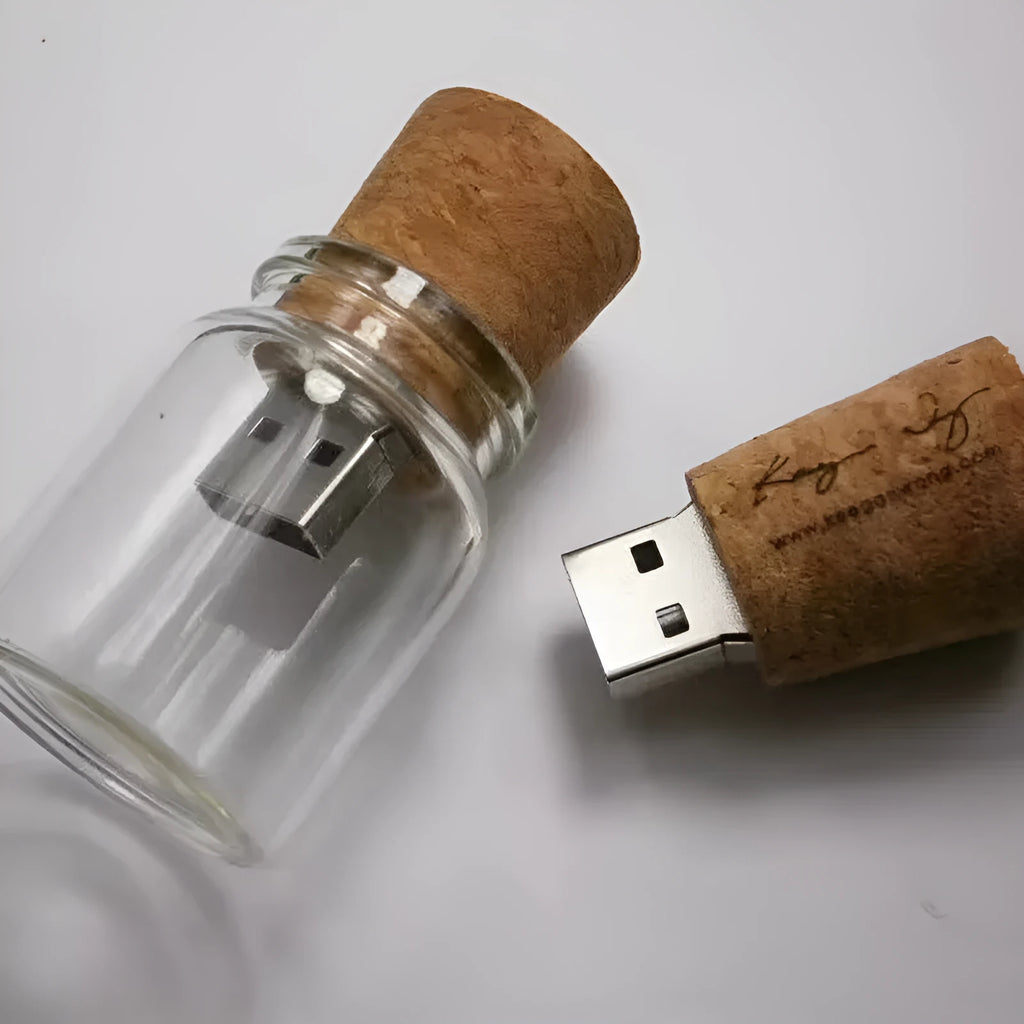 Wooden USB flash drive shaped like a drift bottle in a transparent casing.