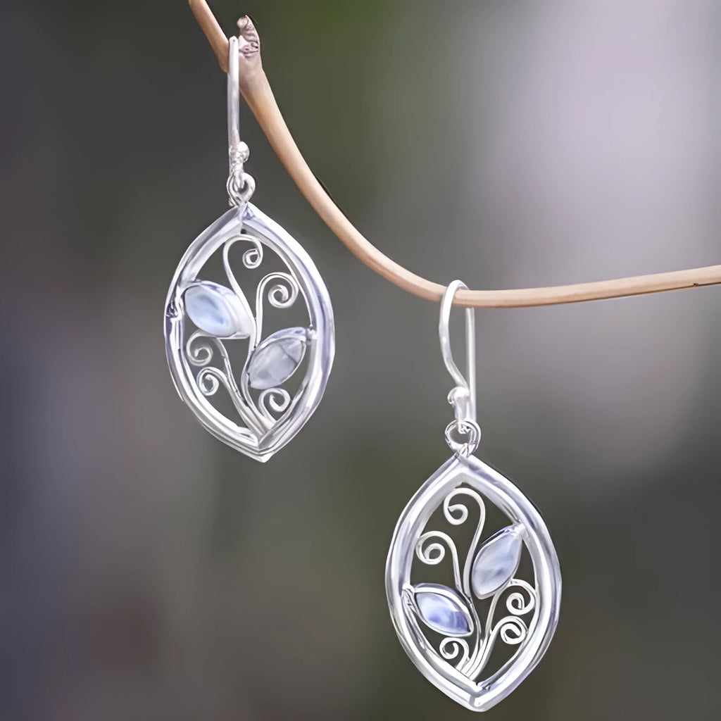 Silver leaf-shaped earrings with embedded colourful moonstones for women