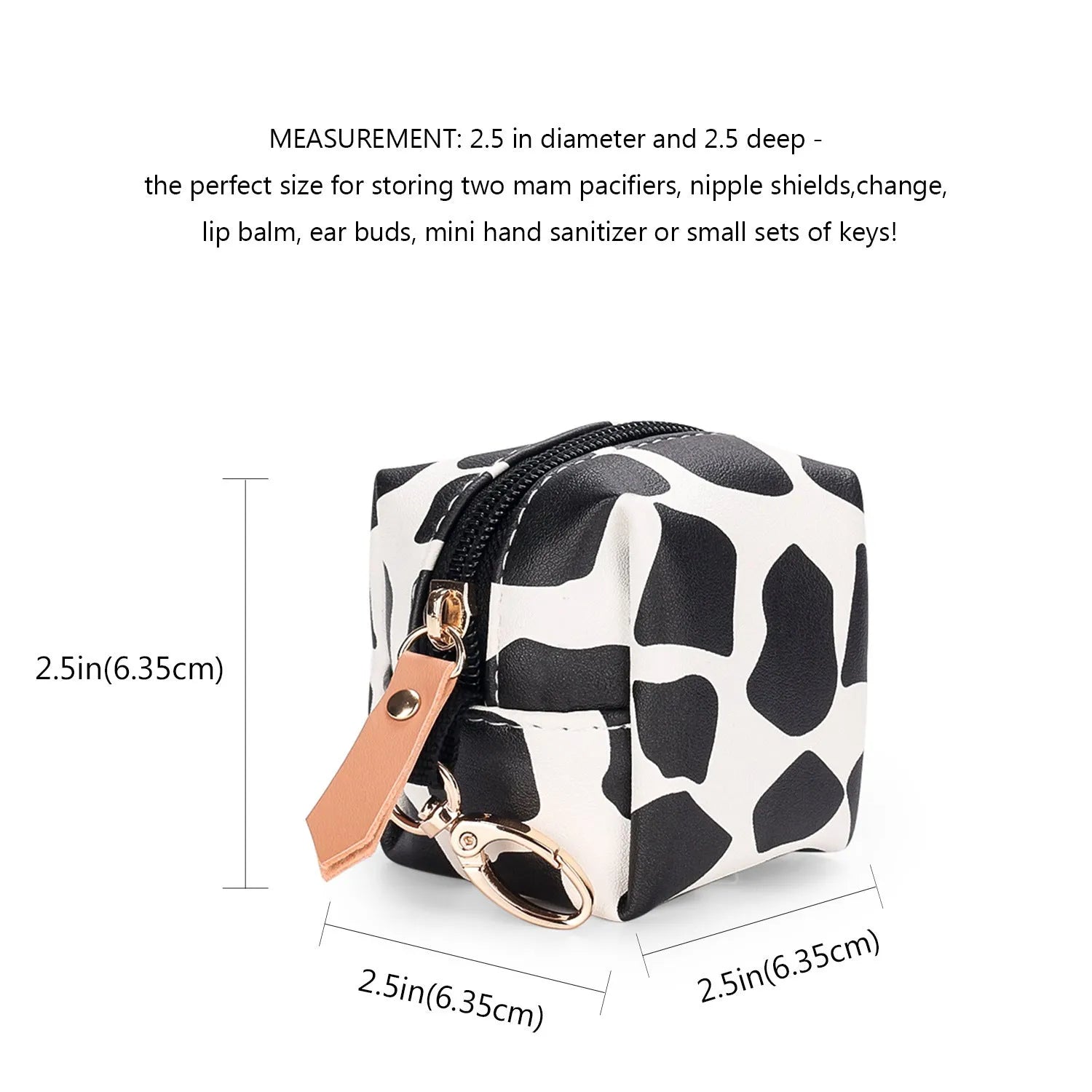 Baby pacifier holder case in PU leather with impervious nylon lining and buckle clip, holds 2 pacifiers, compact 6.35cm size