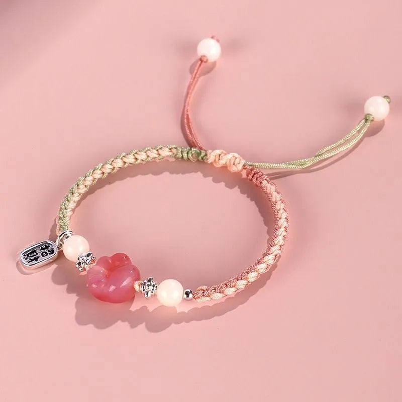 Red cat's paw woven bracelet for couples with glass charm in pastoral style