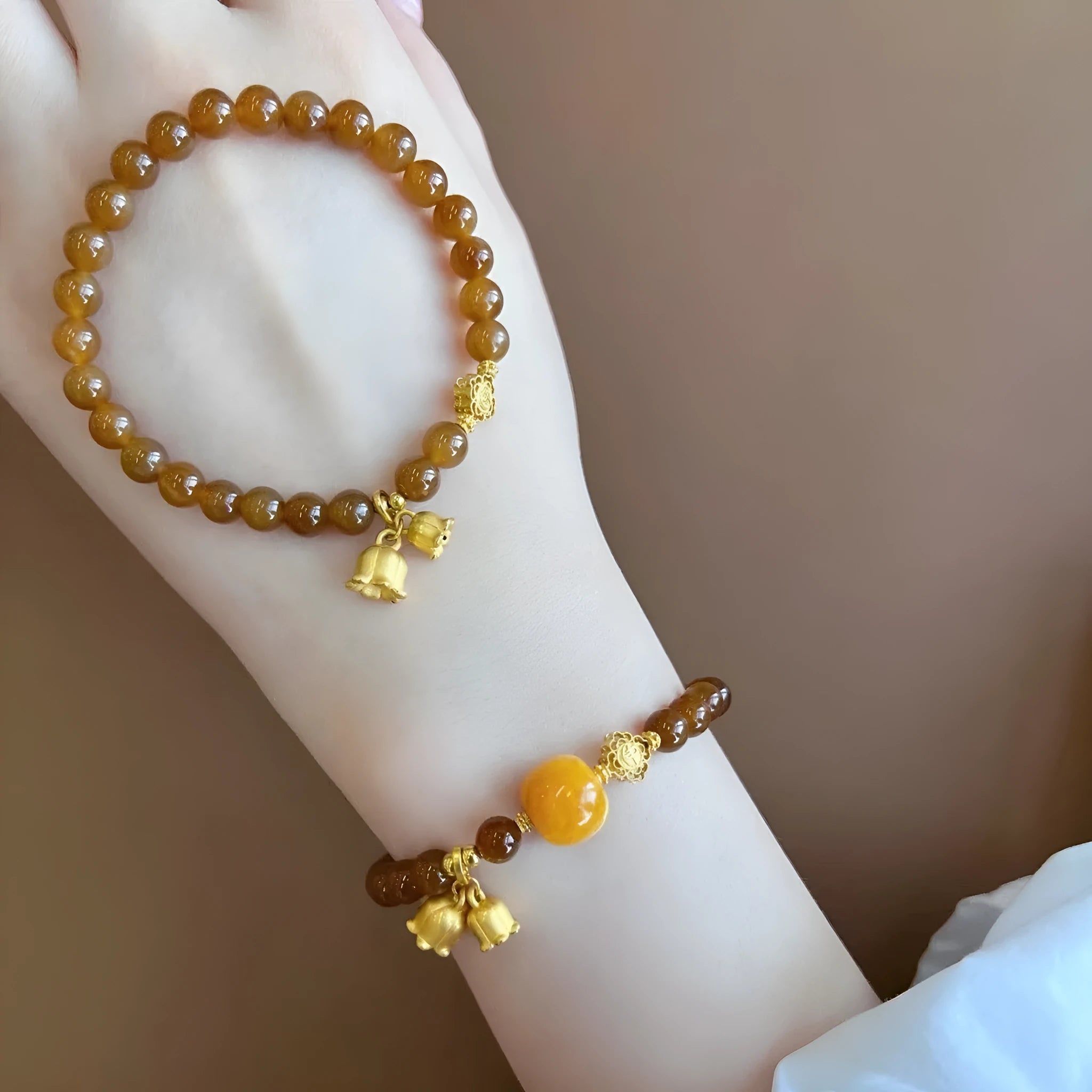 New Chinese style women's floral bracelet with lily design in caramel colour.
