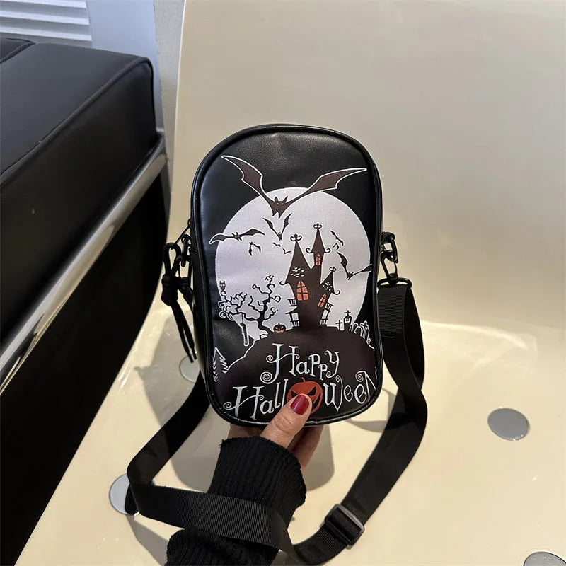 Halloween graffiti crossbody phone bag with pumpkin ghost bat cartoon prints in black colour