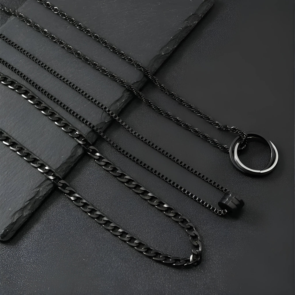 Men's black stainless steel necklace set with titanium steel pendant and cylindrical ring buckle
