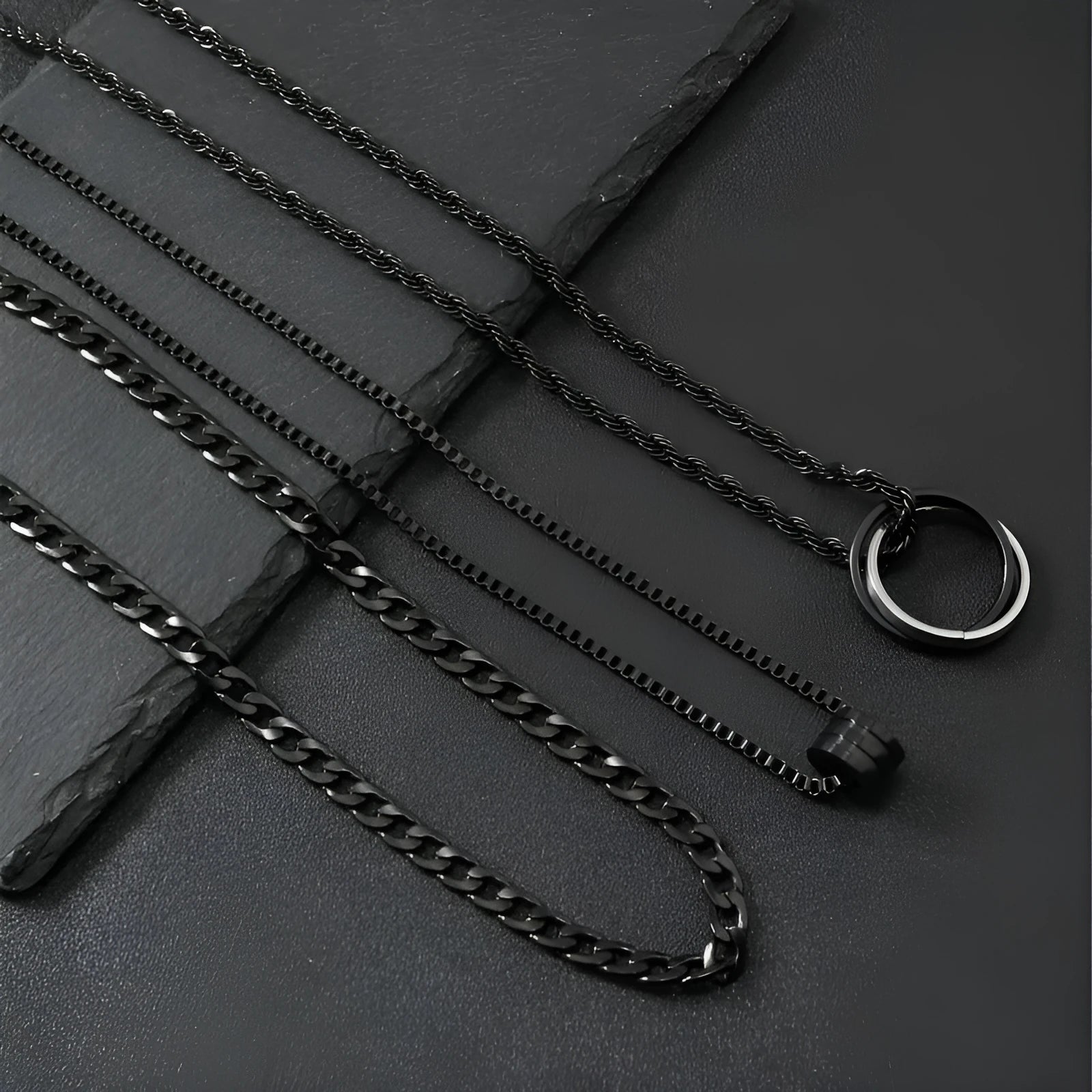Men's black stainless steel necklace set with titanium steel pendant and cylindrical ring buckle
