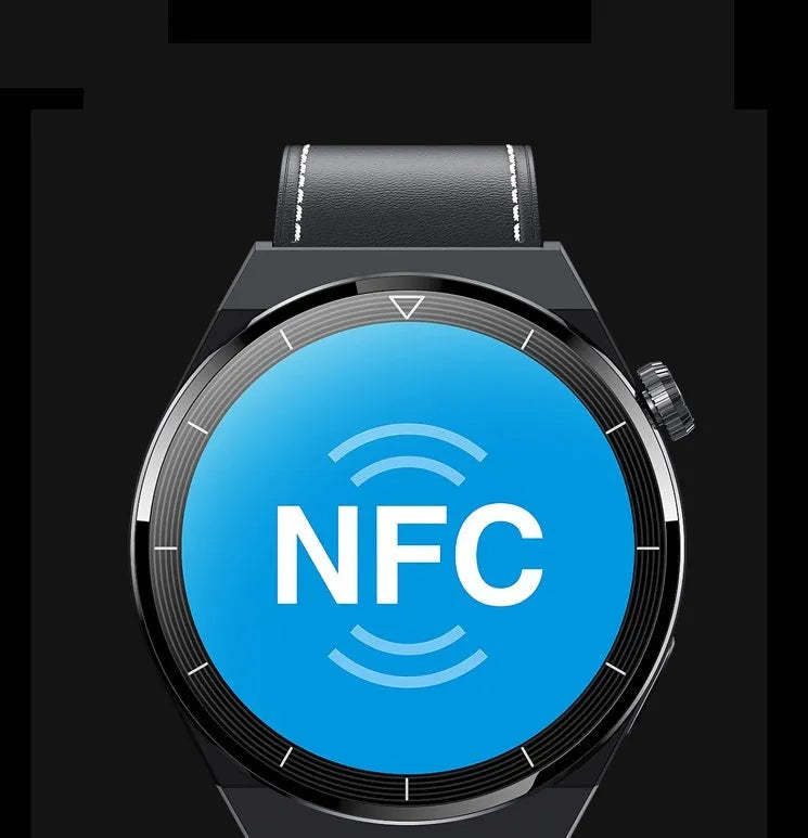 Black Android smartwatch with round 1.36 inch screen on a silicone strap, showing Bluetooth and NFC icons.