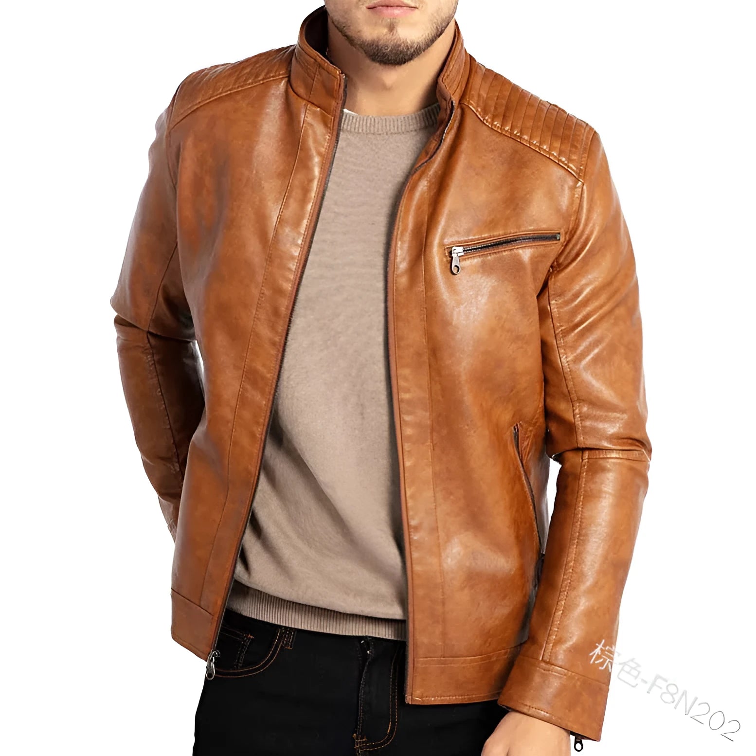 Men's punk style artificial leather motorcycle jacket with stand collar in Army Green colour