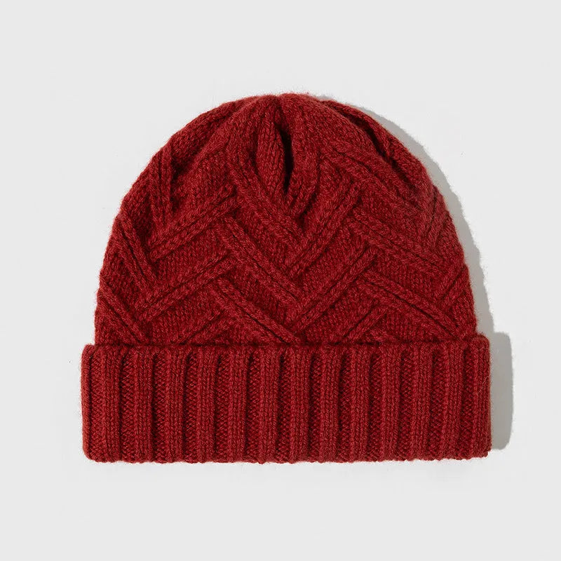 Wool knitted dome beanie hat in six colour options showing ivory white, khaki, red, brown, gray, and black variations