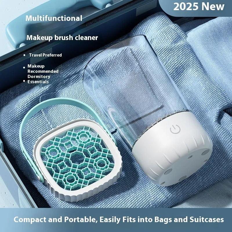 White rechargeable makeup brush cleaning device with USB cable.
