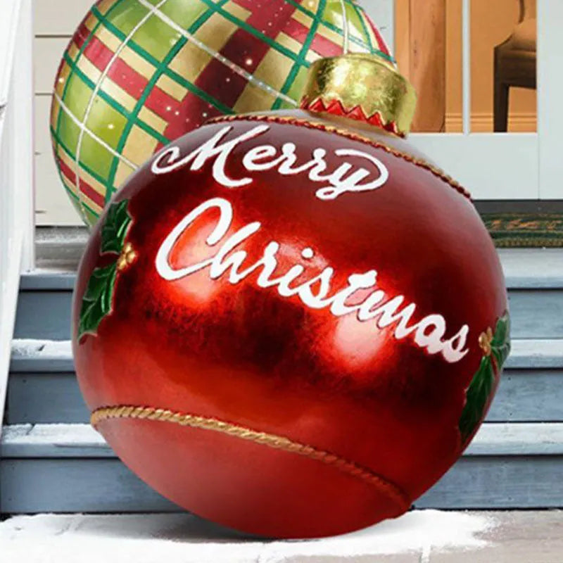Large red and white striped inflatable PVC Christmas ball ornament with a 60cm diameter.
