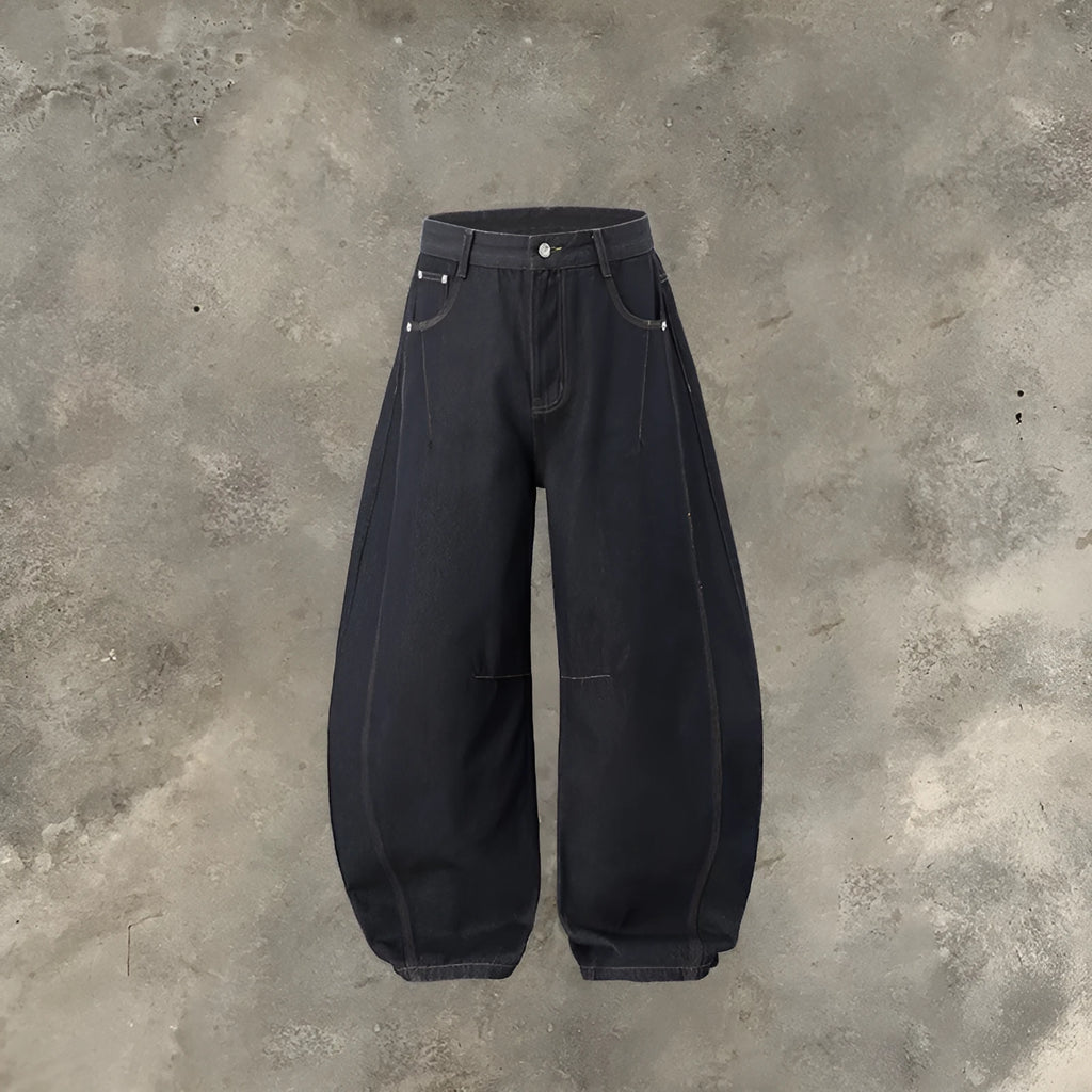 Men's wide leg denim trousers in original cow colour wash with mid waist rise