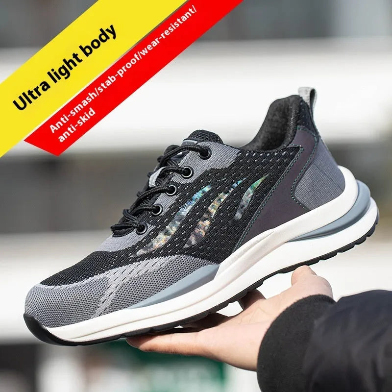 Men's black and grey anti-smash electrician safety shoes with plastic toe and lace-up closure