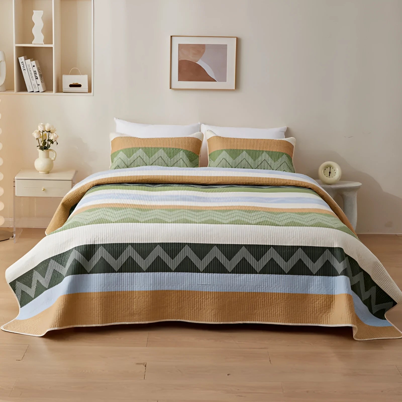 Pure cotton printed bed sheet set in a modern design on a bed, showing bedspread-style drape.
