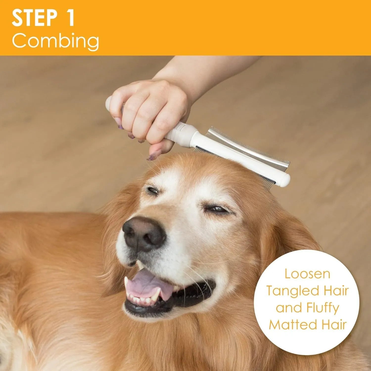 White dual-sided pet grooming brush with curved comb and deshedding blade on a grey handle.