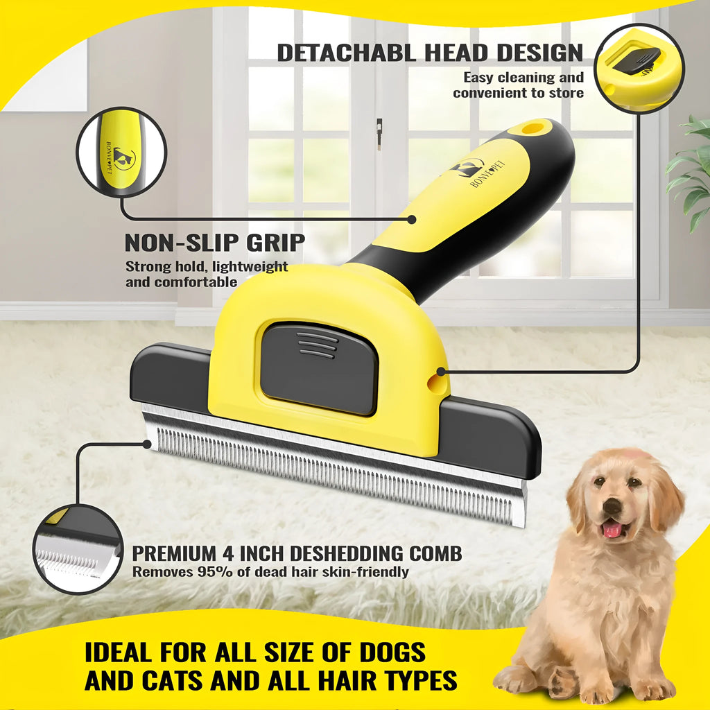 Blue or yellow dog grooming comb with stainless steel untangling blades and plastic handle
