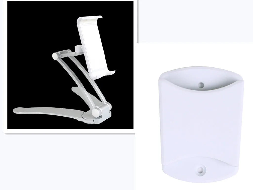 Silver aluminium alloy desktop tablet stand holding a tablet, showing 360-degree adjustable arm and mounting base.