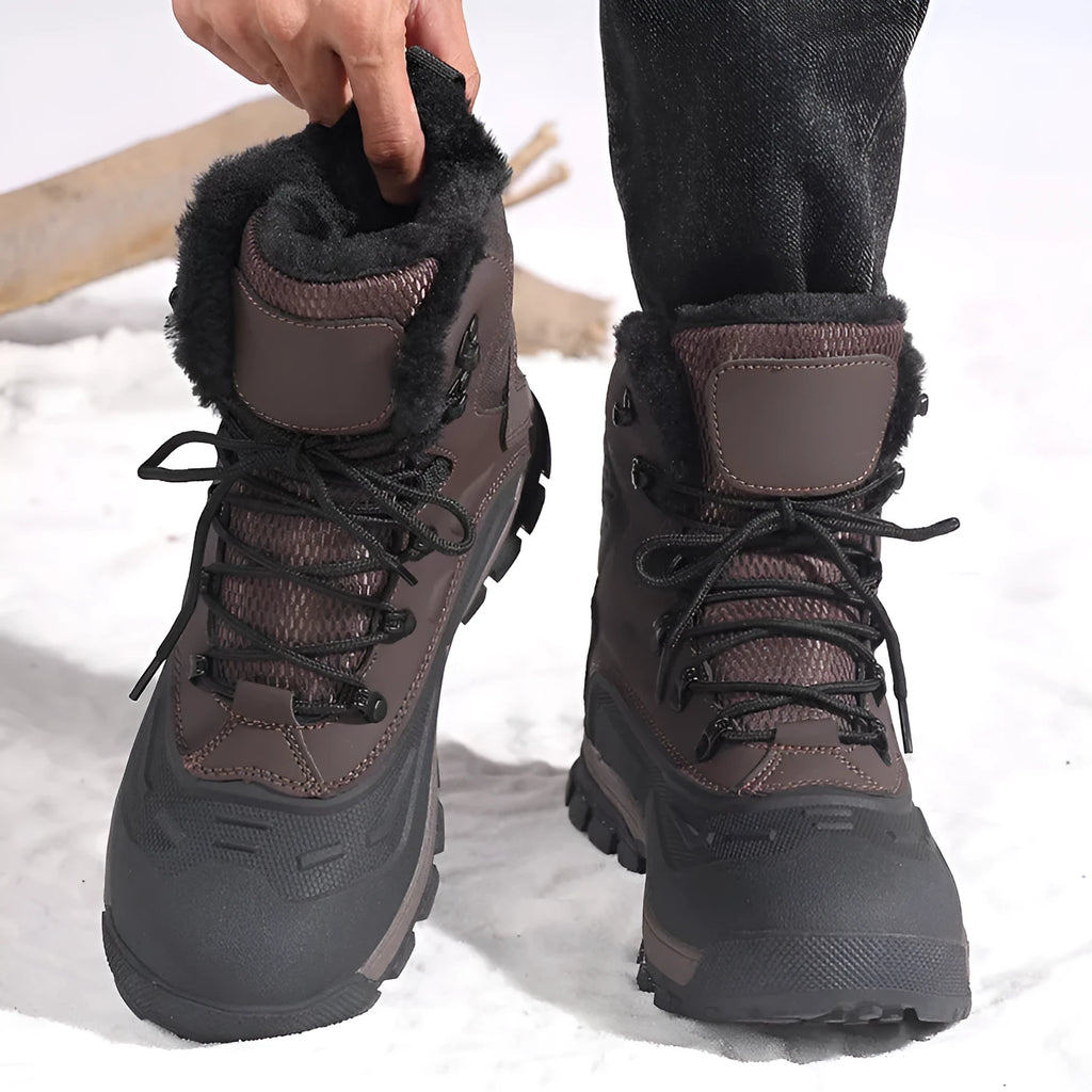 Men's black high-top boots with fleece lining and lace-up front, shown from the side.