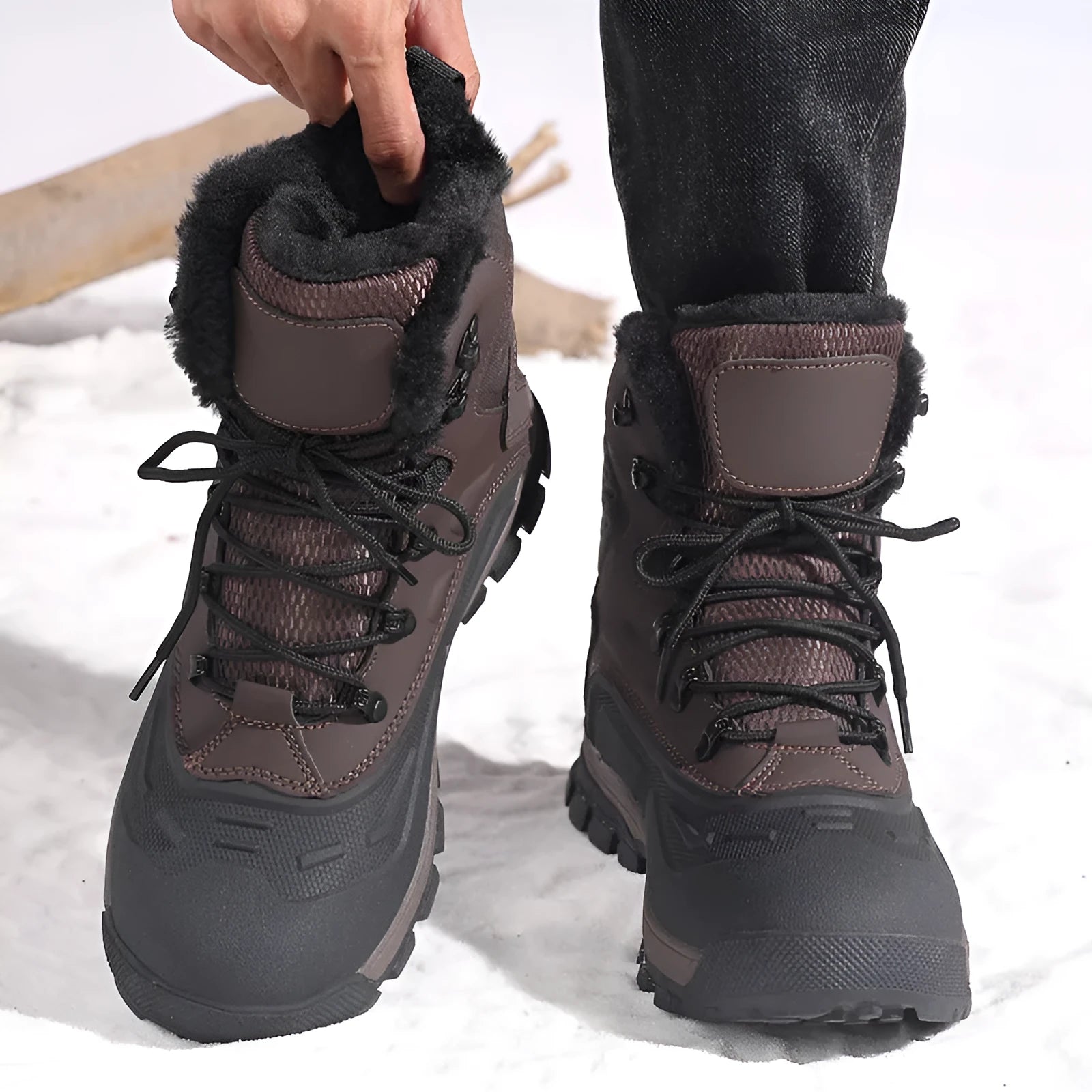 Men's black high-top boots with fleece lining and lace-up front, shown from the side.