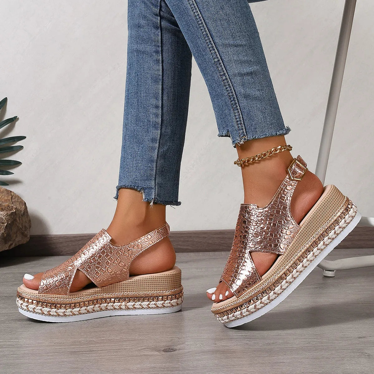 Gold Roman sandals with round toe, hollow-out pattern and adjustable ankle buckle
