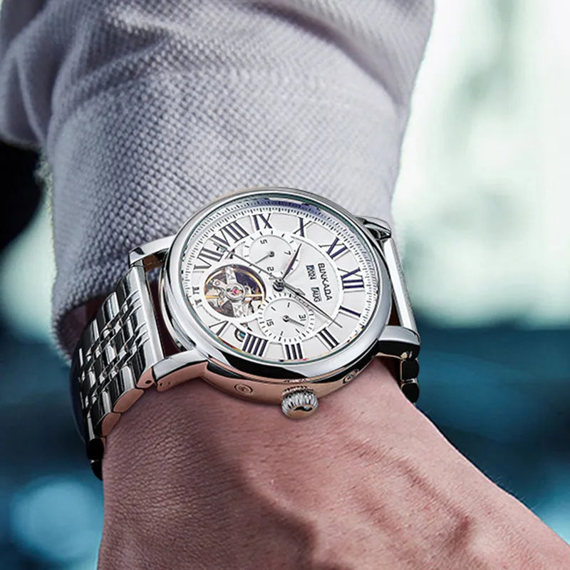 Men's automatic waterproof watch with steel strap in business style design