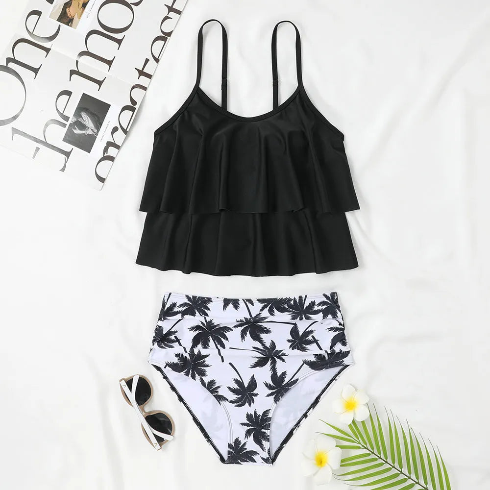 High-waist double-layer printed polyester swimsuit briefs for women