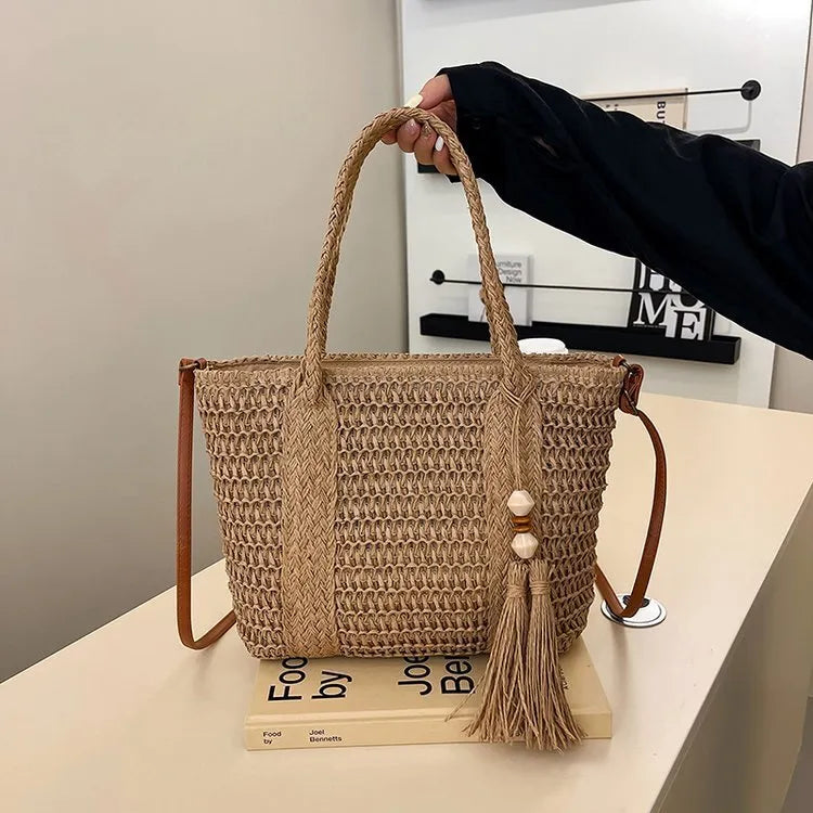 Khaki and milky white woven straw women's crossbody shoulder bag with large capacity