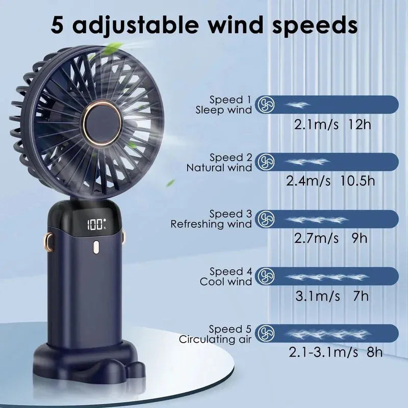 Portable USB rechargeable handheld fan with foldable neck design in multiple colour options