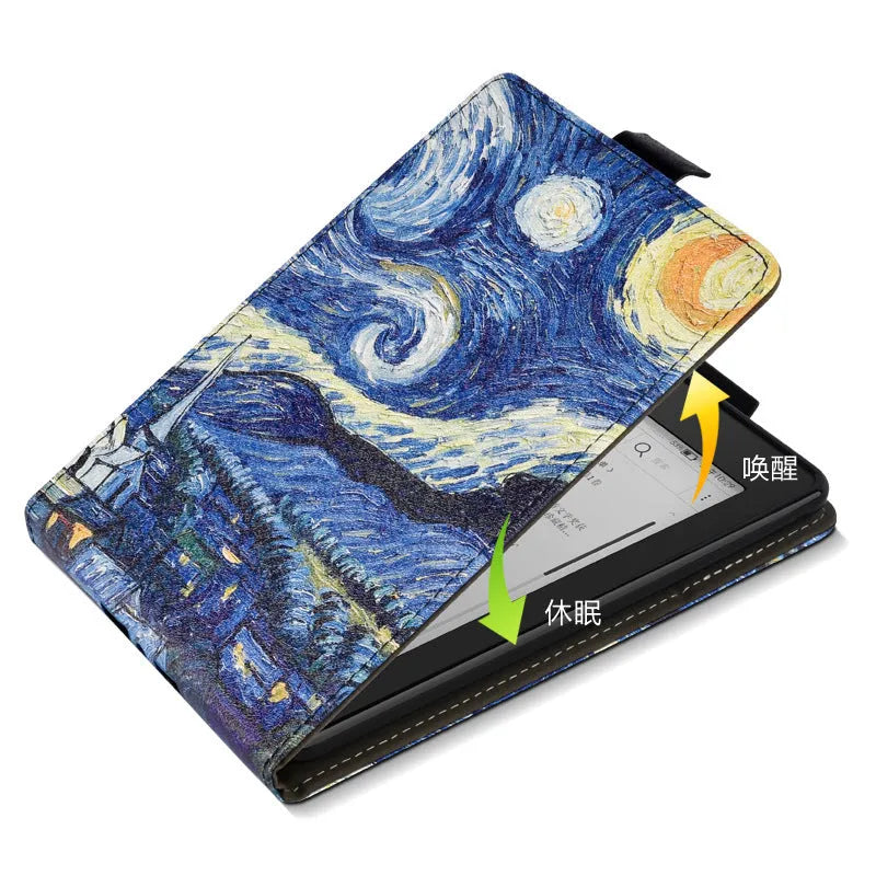 A 6-inch Kindle protective case in an embossed TPU material, shown in a Van Gogh starry sky design, with its folding bracket stand extended.