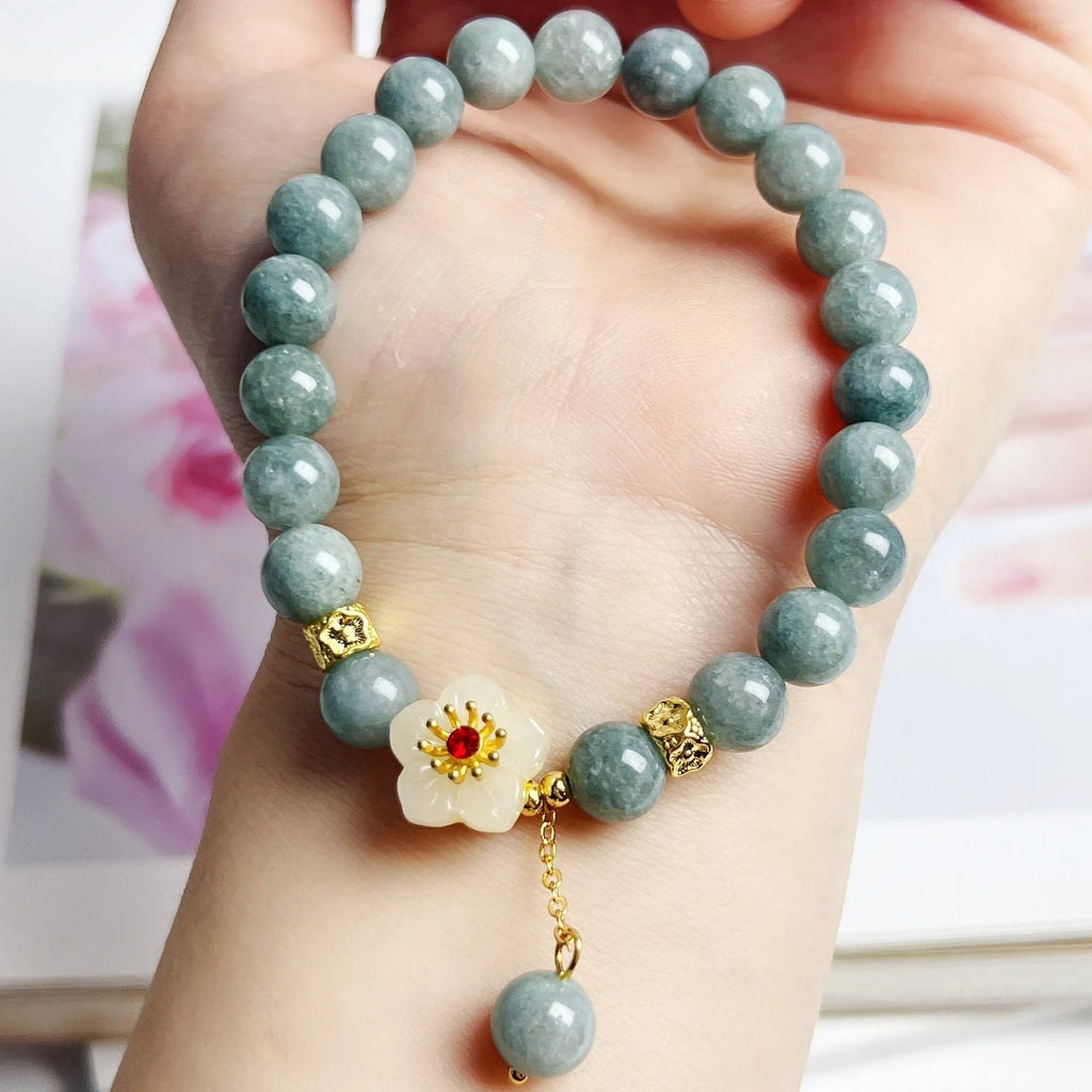 Women's adjustable jade bracelet with tightening rope in retro style