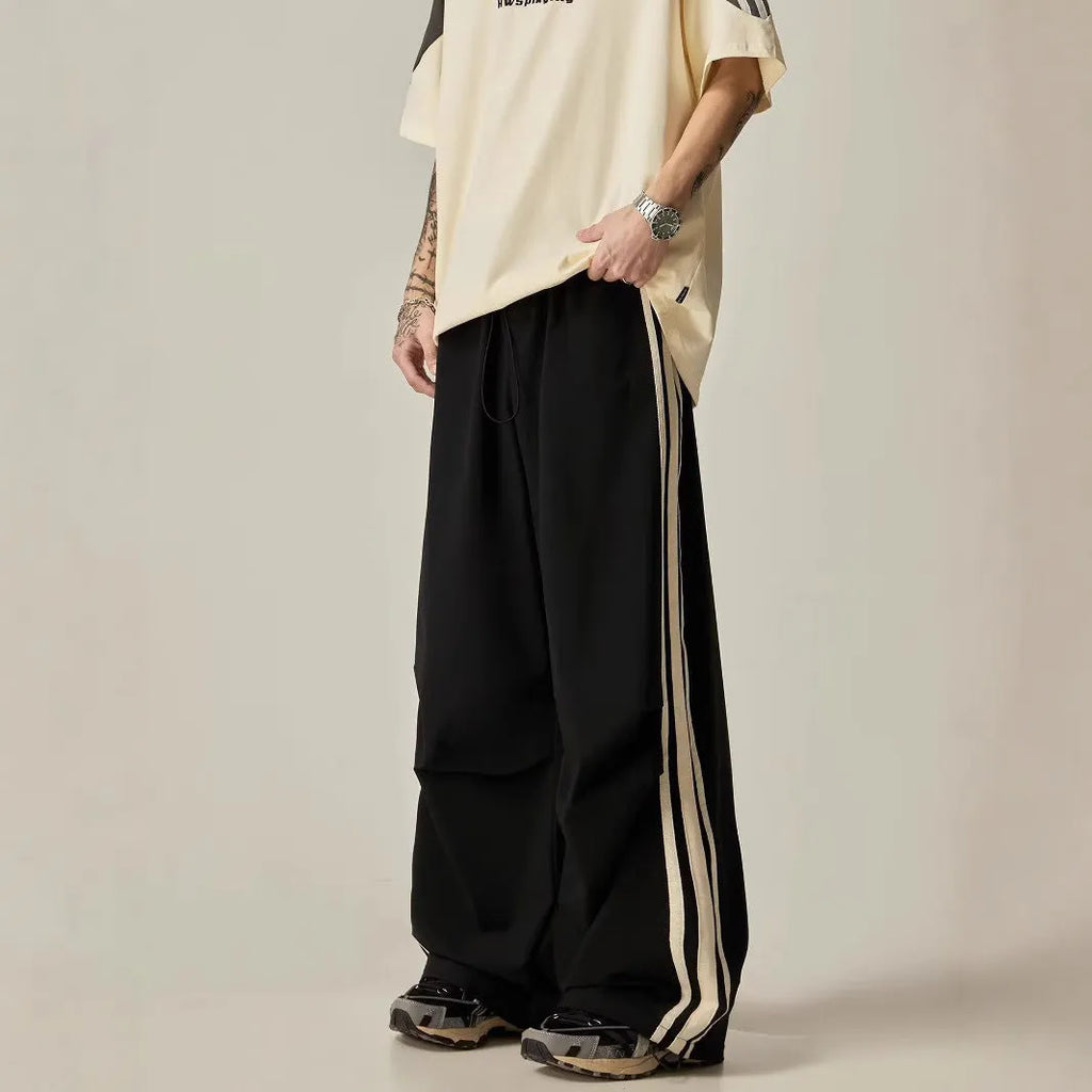 Black men's wide leg climbing pants with high waist and straight cut design