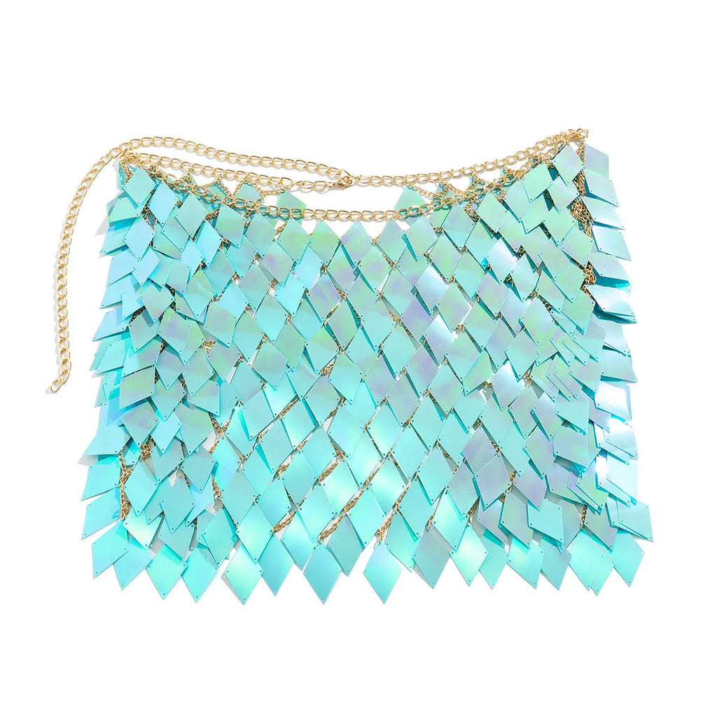 Women's geometric plastic body chain set in orange with electroplated finish on a white background