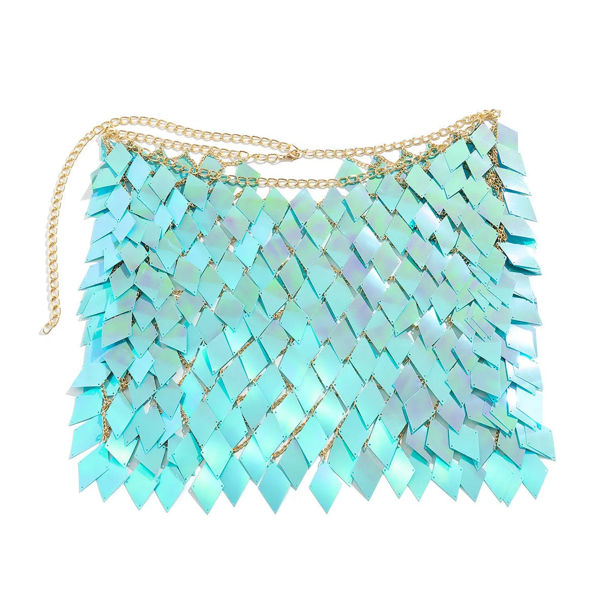 Women's geometric plastic body chain set in orange with electroplated finish on a white background
