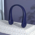 Blue USB charging portable bladeless neck fan showing ergonomic neckband design