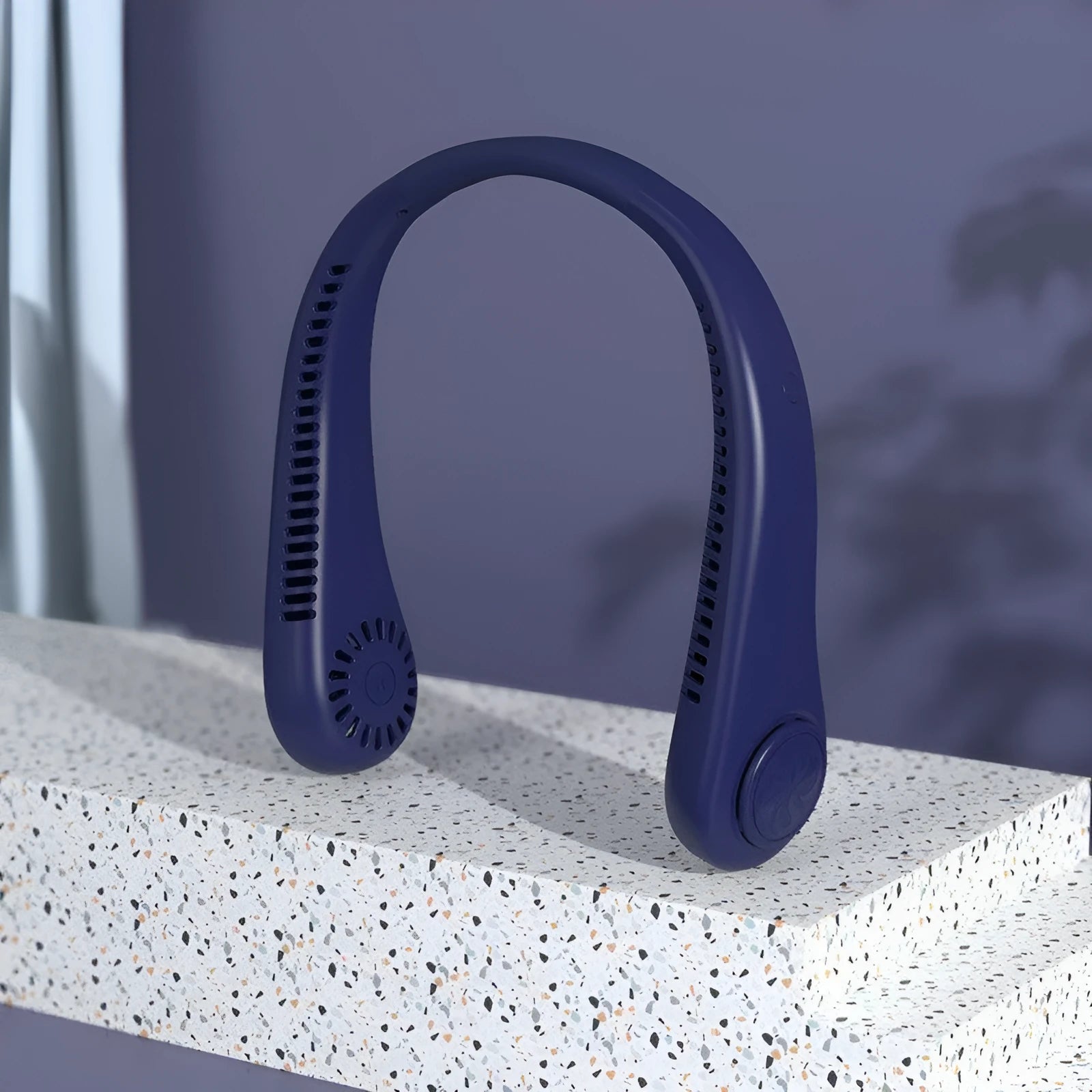 Blue USB charging portable bladeless neck fan showing ergonomic neckband design